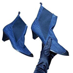Blue Cowboy Pointed Toe Leather Women Denim Ankle Boots Size 10 Western Kitten